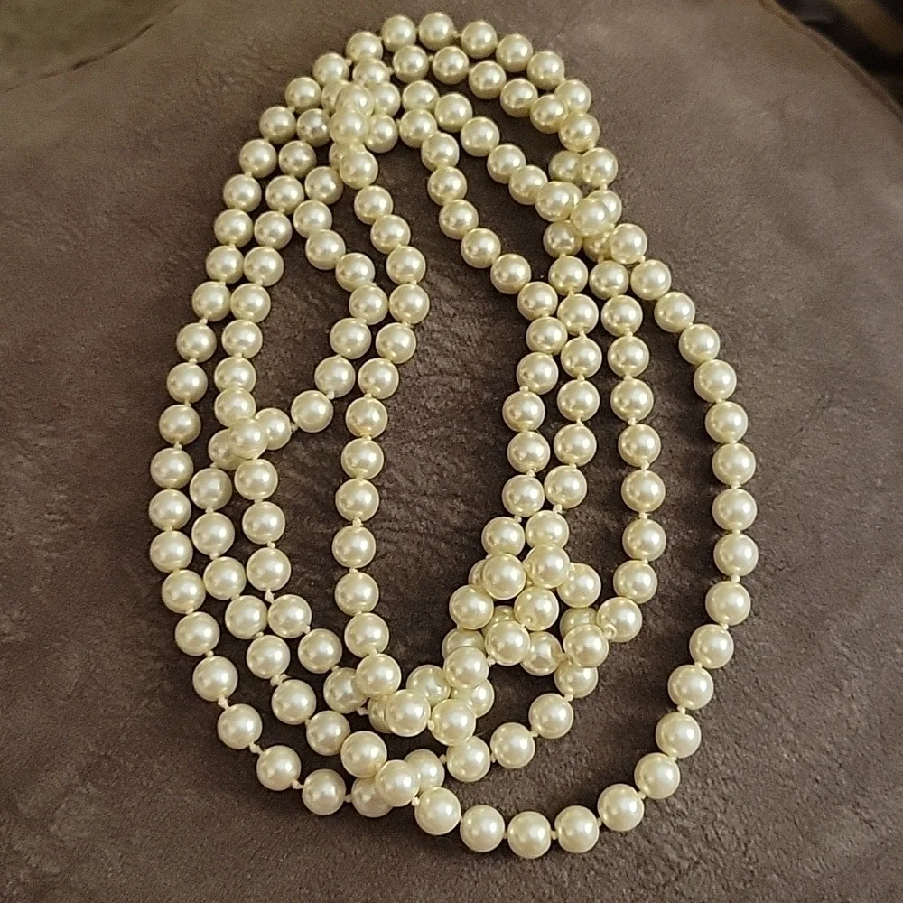 Vtg Creamy Yellow Glass Pearl Knot Beaded Lariat Flapper Necklace